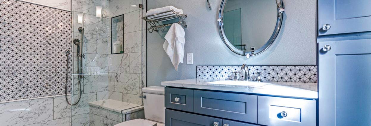 bathroom scene blue cabinets